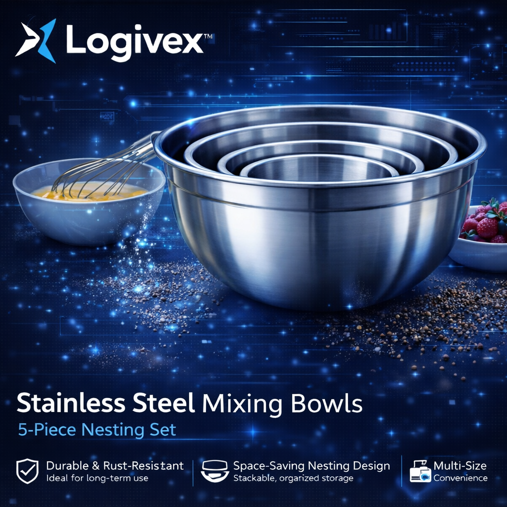 Logivex™ Stainless Steel Mixing Bowls – 5-Piece Nesting Set